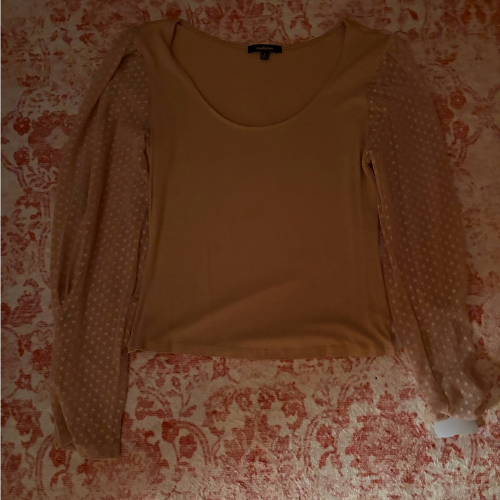 Ambiance Tan Blouse with Sheer Polka Dot Sleeves